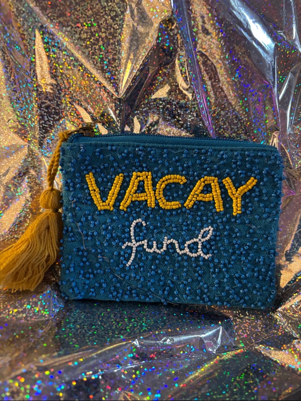 Beaded Teal 'VACAY Fund' Cosmetic Pouch with Mustard Tassel
